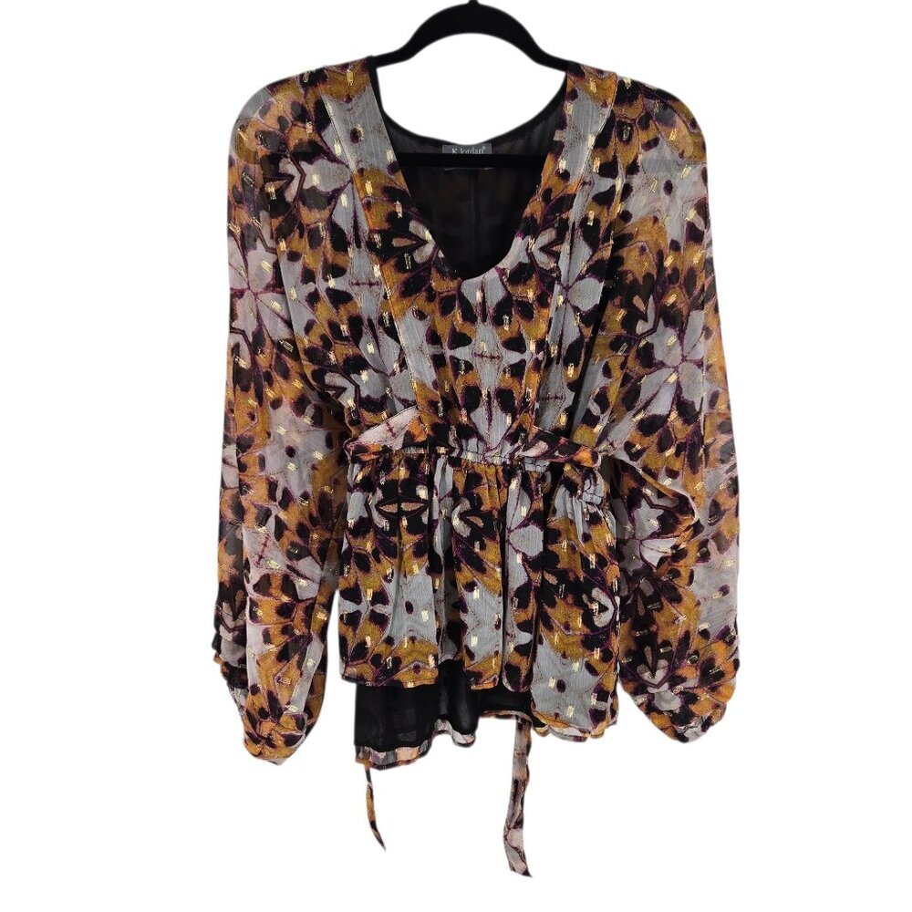 K Jordan womens size xl black orange floral gold metallic boho tie waist blouse